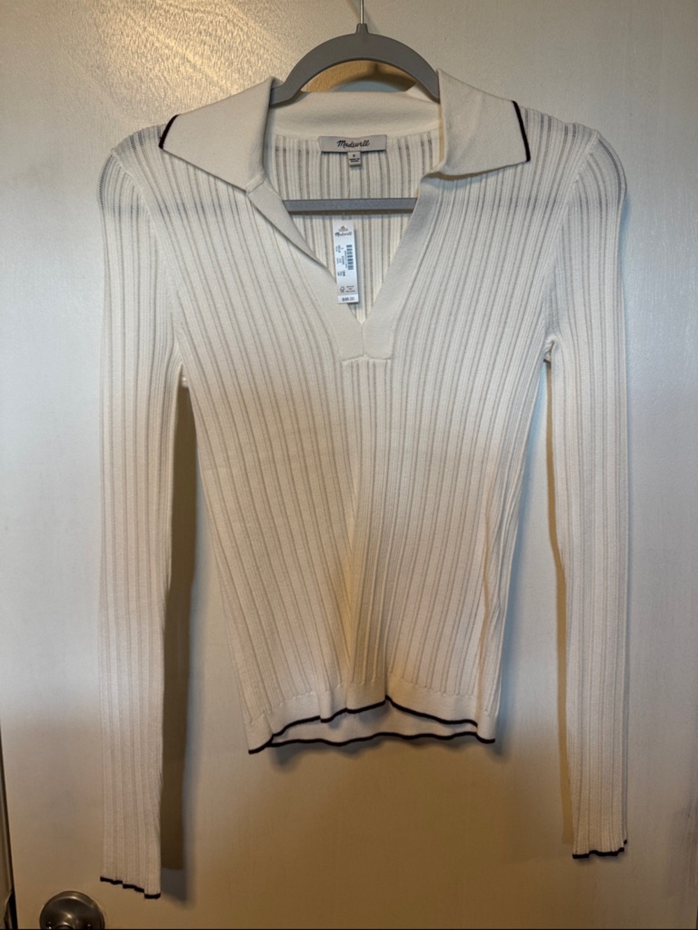 NWT Madewell Ivory Ribbed Polo Sweater with Burgundy maroon Edge